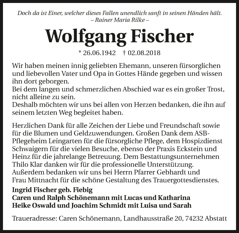  Traueranzeige für Wolfgang Fischer vom 11.08.2018 aus 