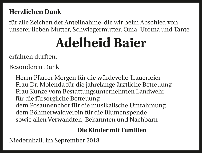  Traueranzeige für Adelheid Baier vom 06.09.2018 aus 