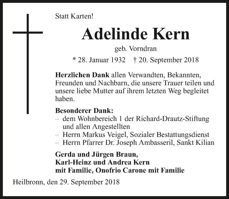  Traueranzeige für Adelinde Kern vom 29.09.2018 aus 