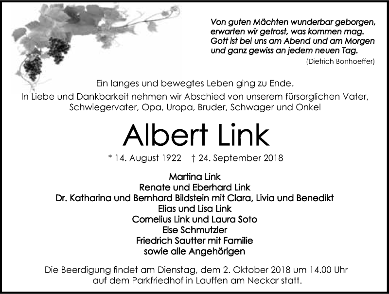  Traueranzeige für Albert Link vom 28.09.2018 aus 