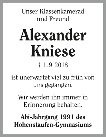 Traueranzeige von Alexander Kniese 