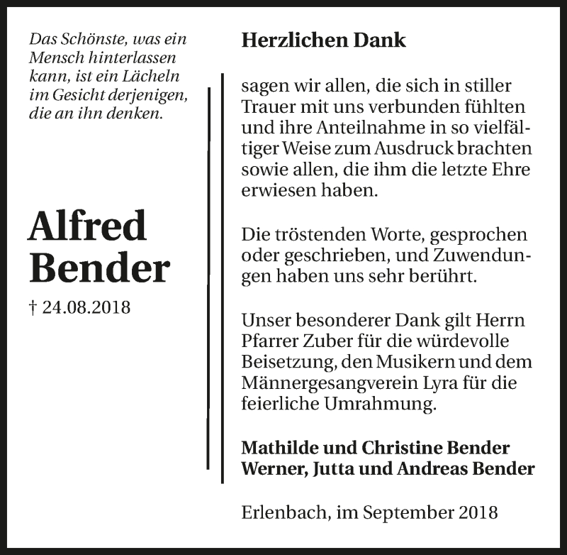  Traueranzeige für Alfred Bender vom 11.09.2018 aus 