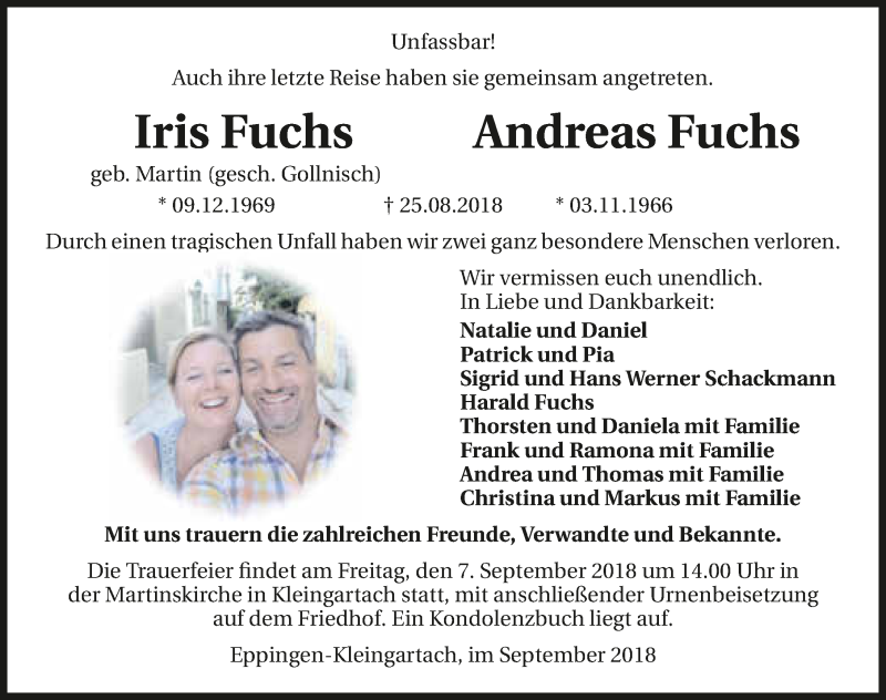  Traueranzeige für Andreas Fuchs vom 05.09.2018 aus 