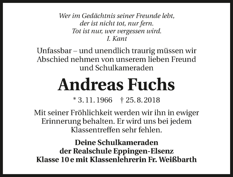  Traueranzeige für Andreas Fuchs vom 06.09.2018 aus 