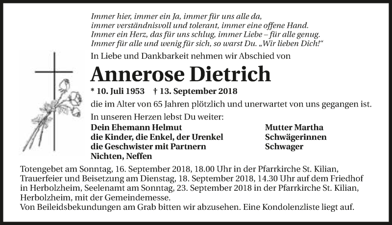  Traueranzeige für Annerose Dietrich vom 15.09.2018 aus 