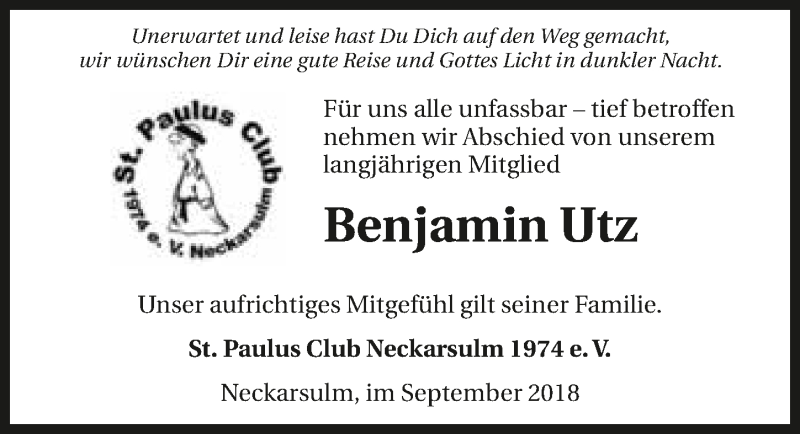  Traueranzeige für Benjamin Utz vom 22.09.2018 aus 