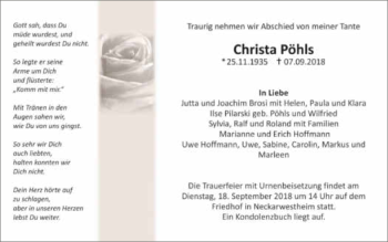 Traueranzeige von Christa Pöhls 