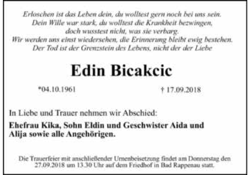  Traueranzeige für Edin Bicakcic vom 21.09.2018 aus 