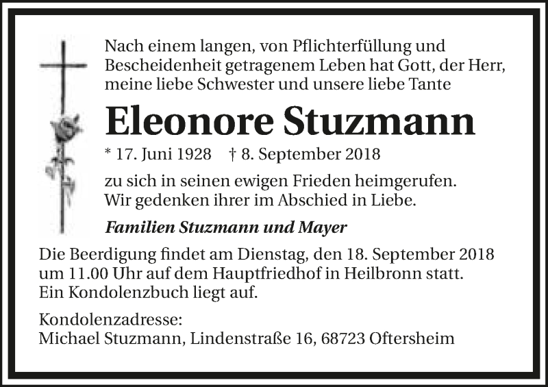  Traueranzeige für Eleonore Stuzmann vom 12.09.2018 aus 