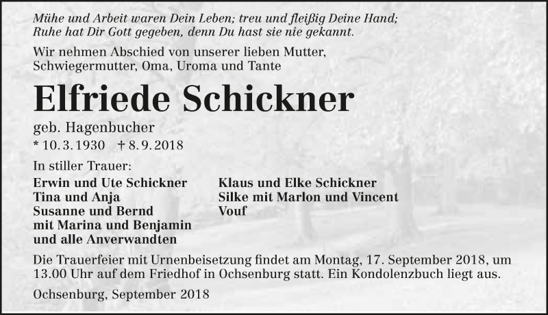  Traueranzeige für Elfriede Schickner vom 14.09.2018 aus 