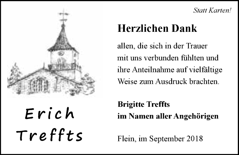  Traueranzeige für Erich Treffts vom 14.09.2018 aus 