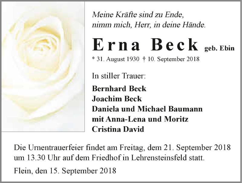 Traueranzeige für Erna Beck vom 13.09.2018 aus 