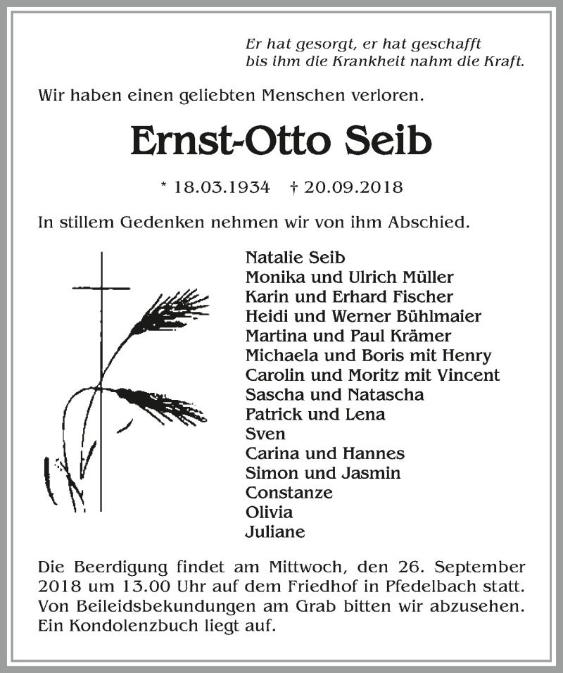  Traueranzeige für Ernst-Otto Seib vom 24.09.2018 aus 