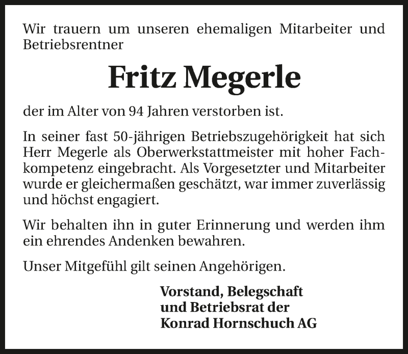  Traueranzeige für Fritz Megerle vom 15.09.2018 aus 