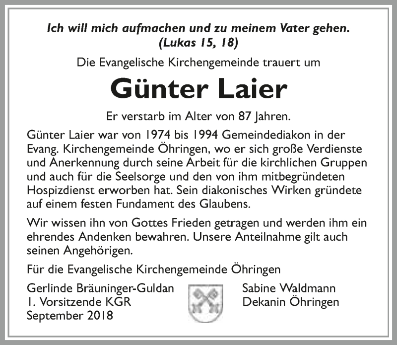  Traueranzeige für Günter Laier vom 15.09.2018 aus 