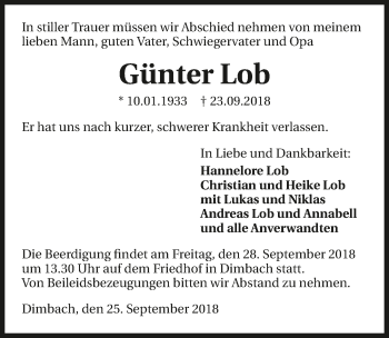 Traueranzeige von Günter Lob 