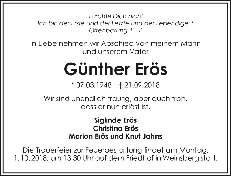  Traueranzeige für Günther Erös vom 26.09.2018 aus 