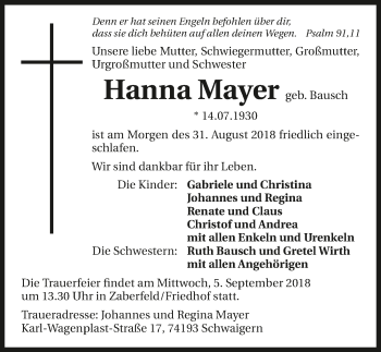 Traueranzeige von Hanna Mayer 