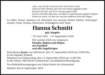 Traueranzeige von Hanna Schmitt 