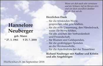 Traueranzeige von Hannelore Neuberger 