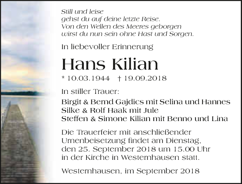  Traueranzeige für Hans Kilian vom 22.09.2018 aus 
