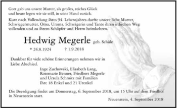 Traueranzeige von Hedwig Megerle 