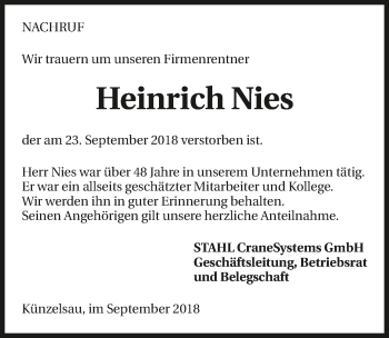 Traueranzeige von Heinrich Nies 