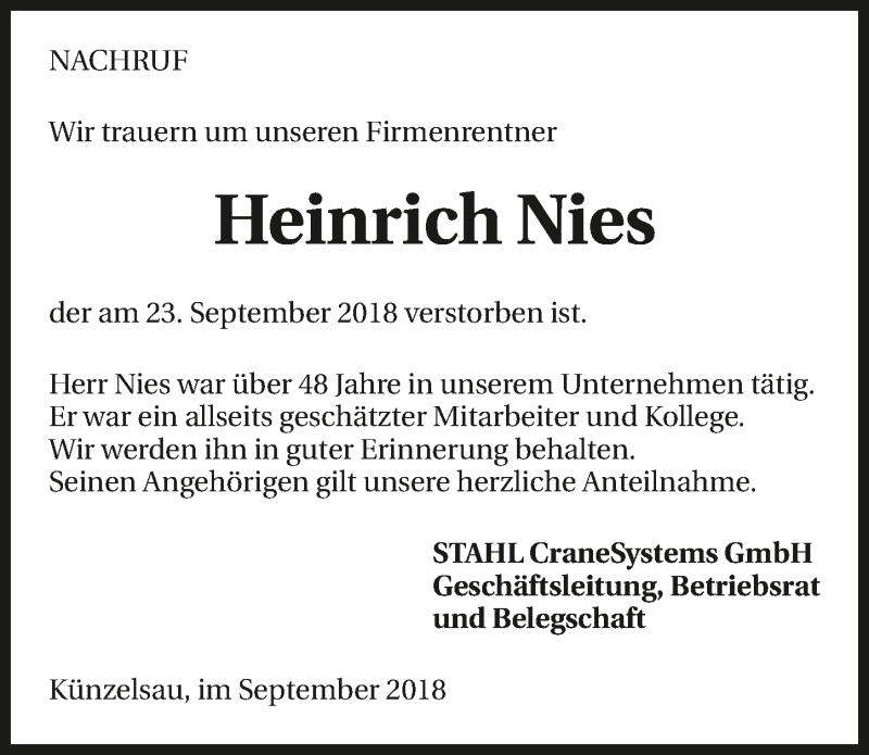 Traueranzeige für Heinrich Nies vom 28.09.2018 aus 
