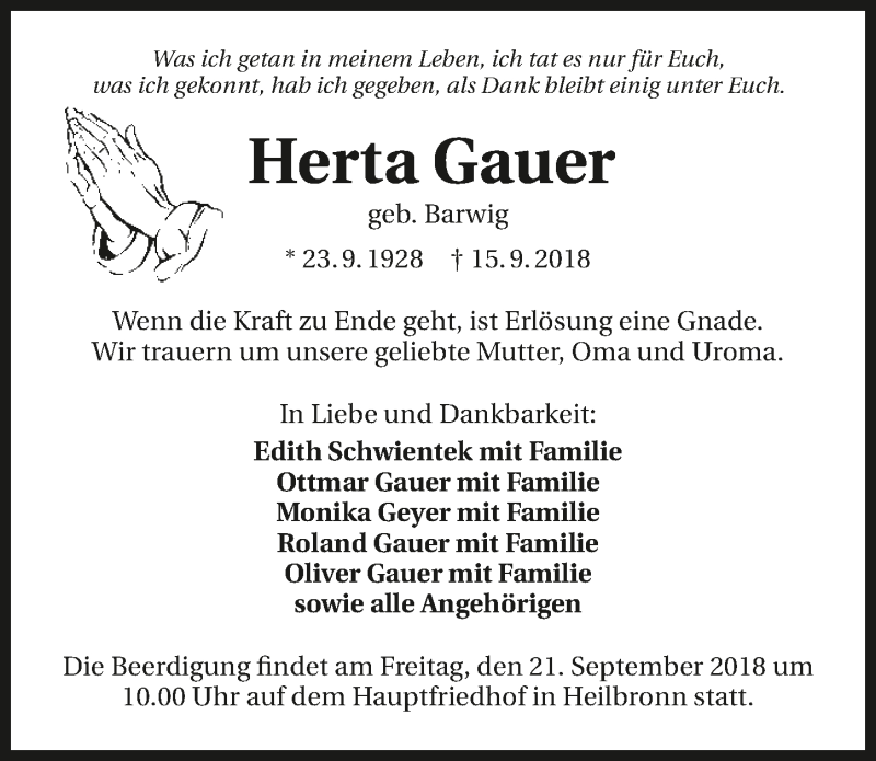  Traueranzeige für Herta Gauer vom 19.09.2018 aus 