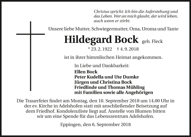  Traueranzeige für Hildegard Bock vom 06.09.2018 aus 
