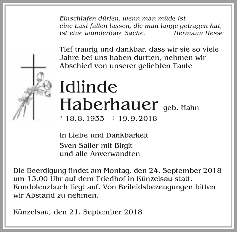  Traueranzeige für Idlinde Haberhauer vom 21.09.2018 aus 