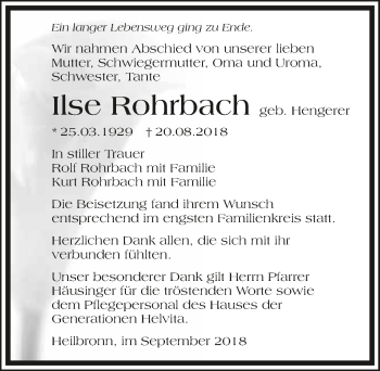 Traueranzeige von Ilse Rohrbach 