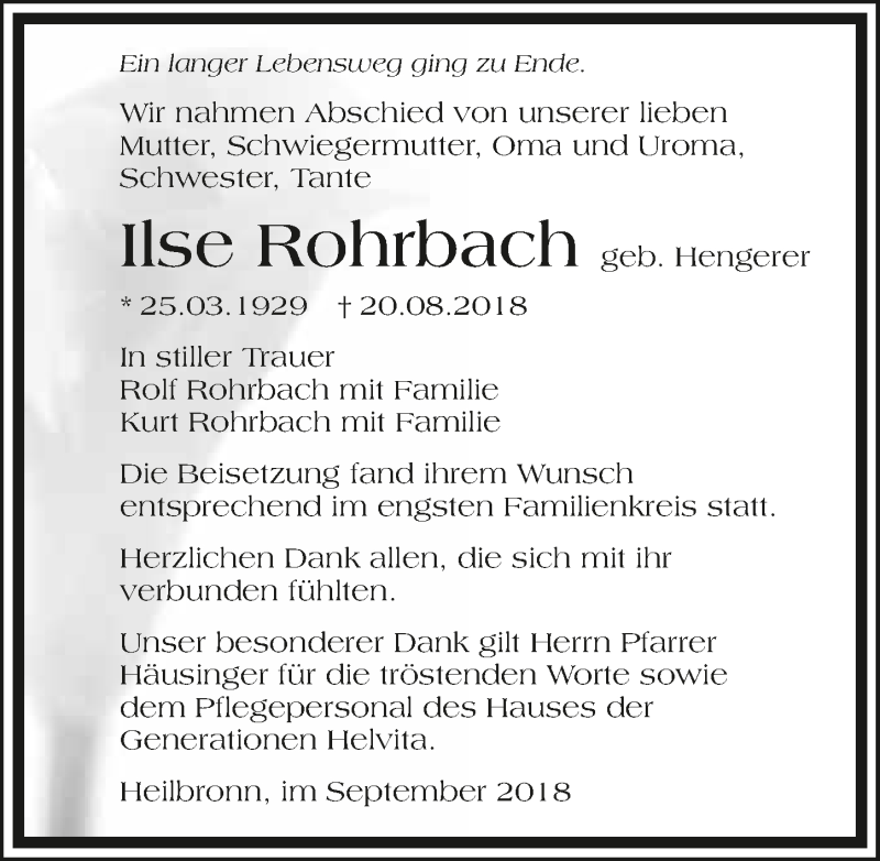  Traueranzeige für Ilse Rohrbach vom 08.09.2018 aus 