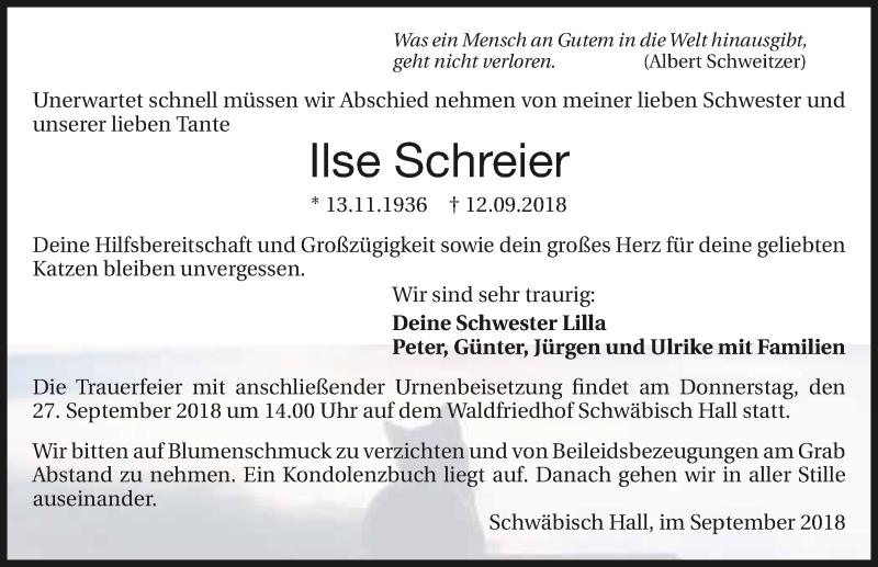  Traueranzeige für Ilse Schreier vom 22.09.2018 aus 