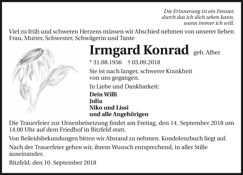  Traueranzeige für Irmgard Konrad vom 11.09.2018 aus 