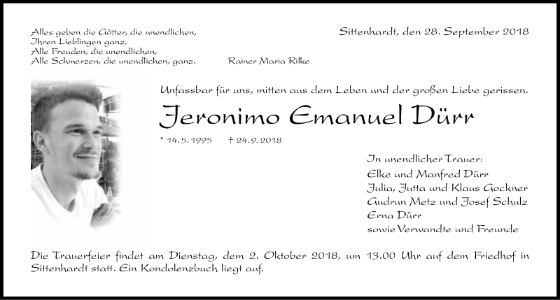  Traueranzeige für Jeronimo Emanuel Dürr vom 28.09.2018 aus 