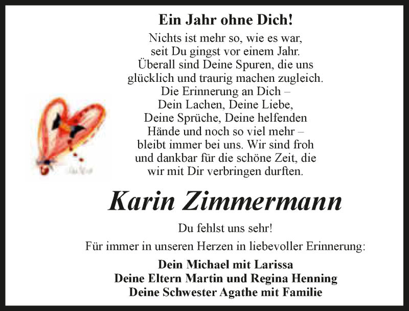  Traueranzeige für Karin Zimmermann vom 15.09.2018 aus 
