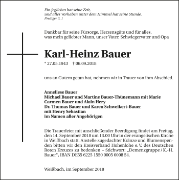 Traueranzeige von Karl-Heinz Bauer 