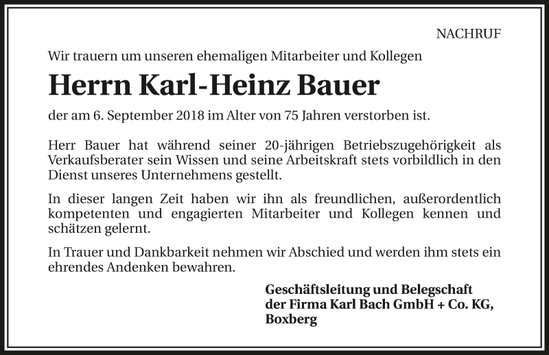  Traueranzeige für Karl-Heinz Bauer vom 12.09.2018 aus 
