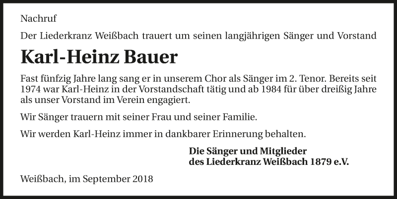  Traueranzeige für Karl-Heinz Bauer vom 13.09.2018 aus 