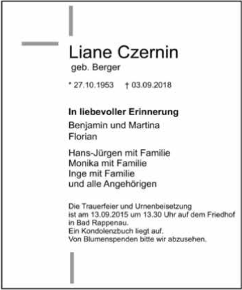 Traueranzeige von Liane Czernin 