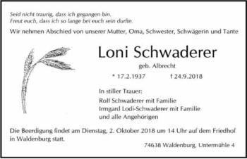 Traueranzeige von Loni Schwaderer 