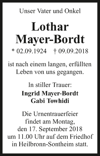 Traueranzeige von Lothar Mayer-Bordt