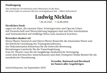 Traueranzeige von Ludwig Nicklas 