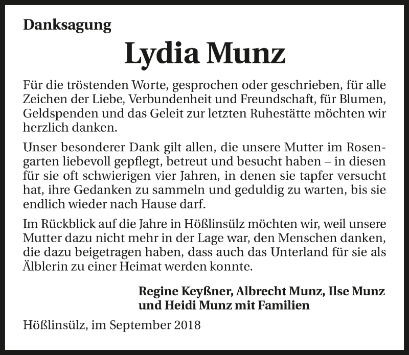  Traueranzeige für Lydia Munz vom 29.09.2018 aus 