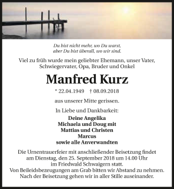 Traueranzeige von Manfred Kurz 