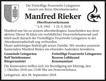 Traueranzeige von Manfred Rieker 