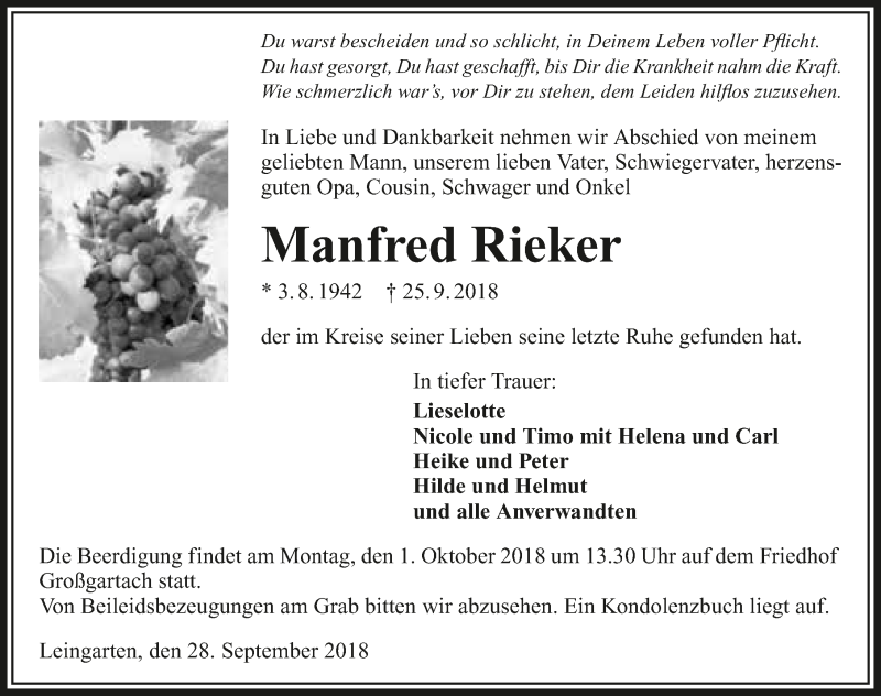  Traueranzeige für Manfred Rieker vom 28.09.2018 aus 