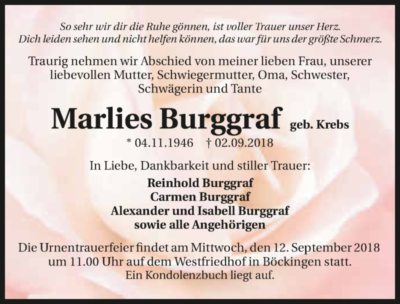  Traueranzeige für Marlies Burggraf vom 08.09.2018 aus 