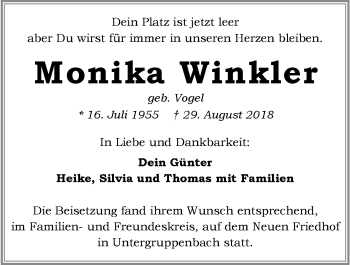 Traueranzeige von Monika Winkler 